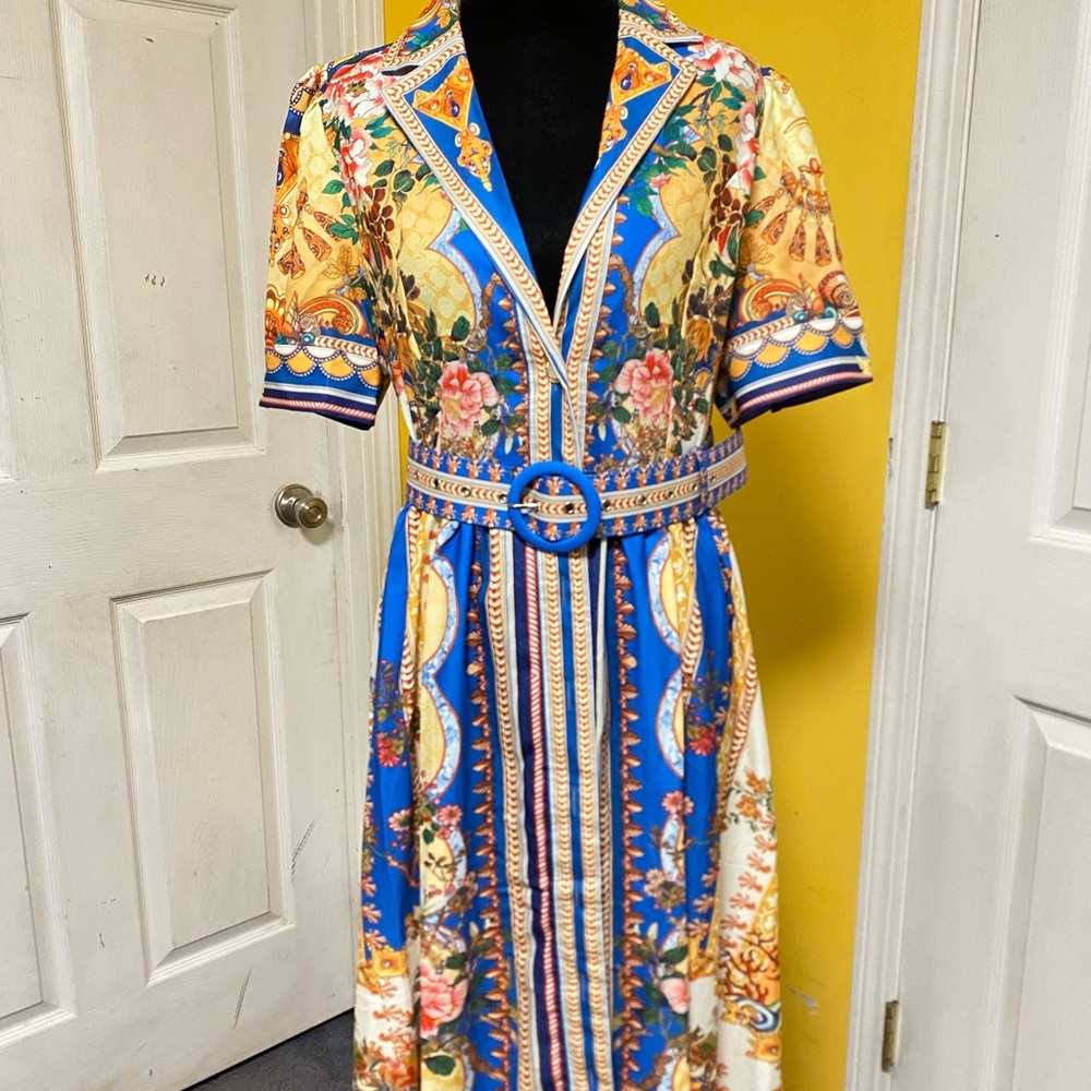 Vibrant Floral Midi Dress with Belt